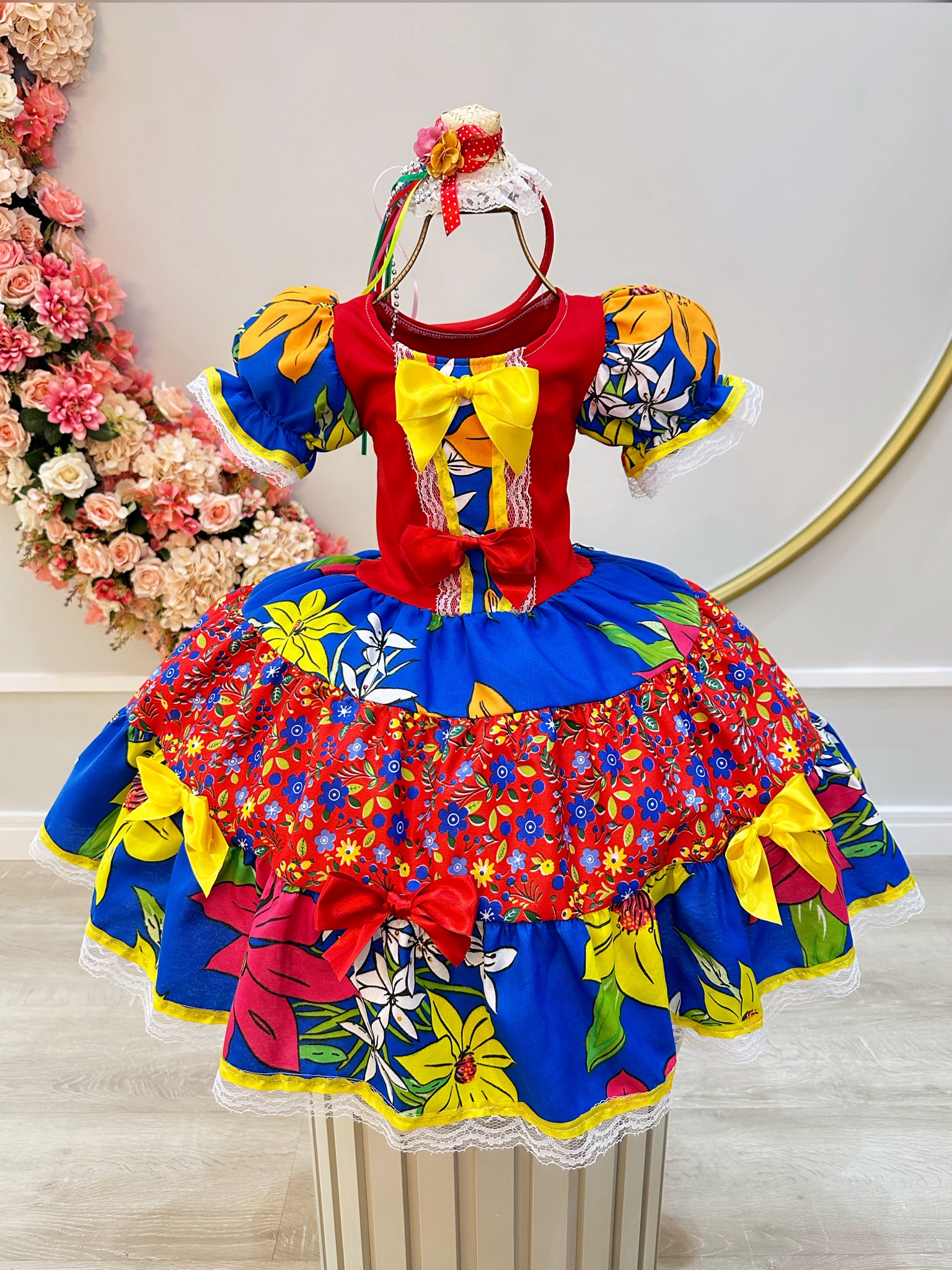 Vestido Infantil Junino Azul Royal Colorido C/ Broches Luxo