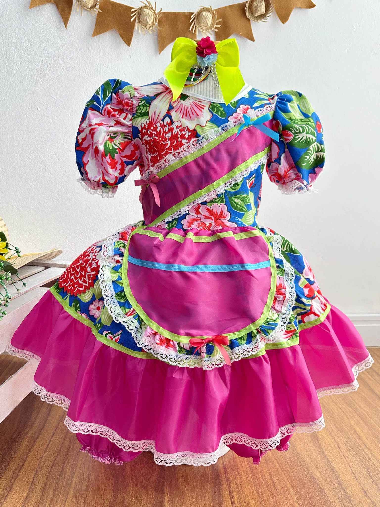 Vestido Infantil Junino Caipira Azul Florzinhas Coloridas