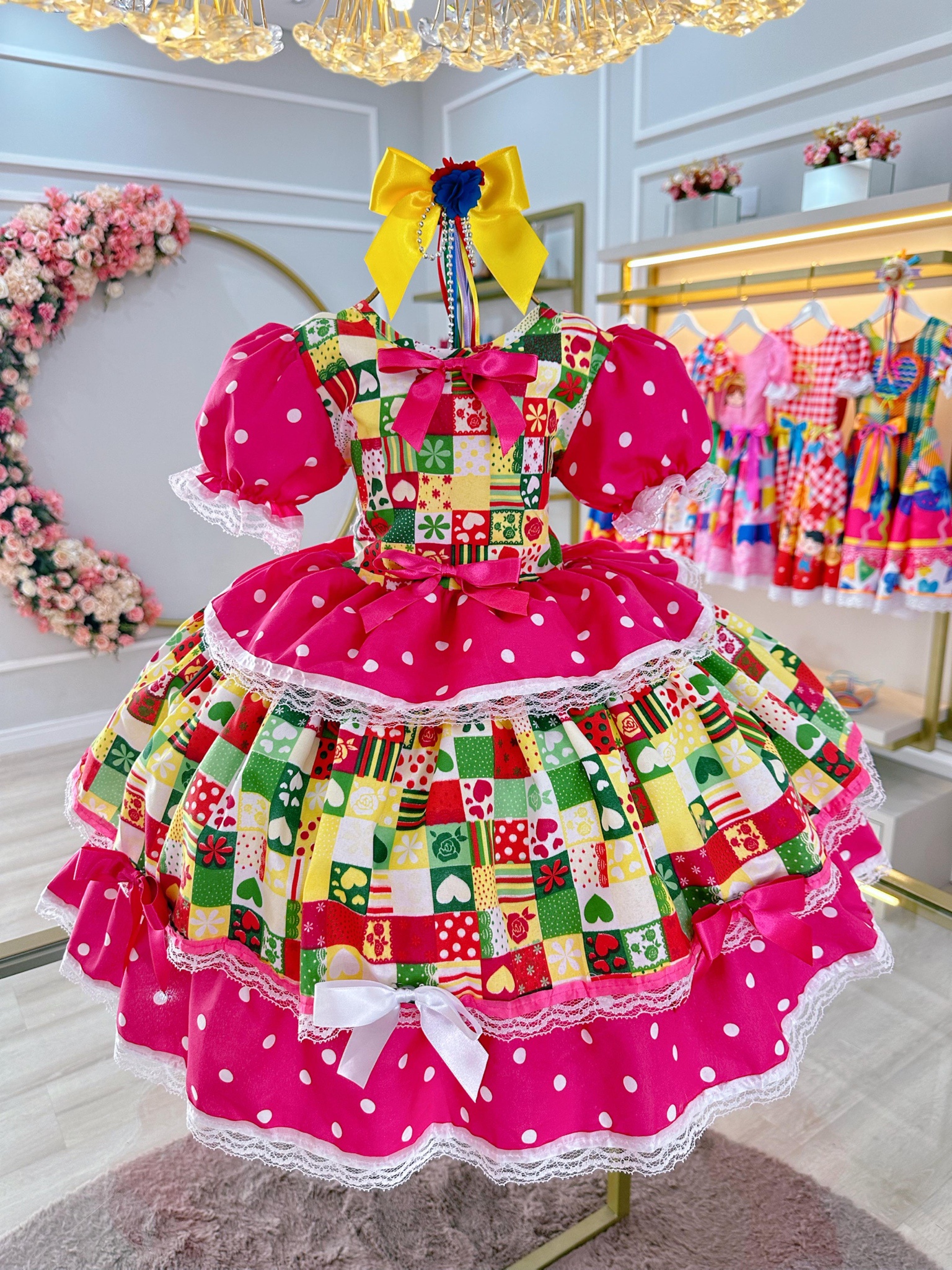 Vestido Infantil Junino Caipira Pink Com Estampas Colorida