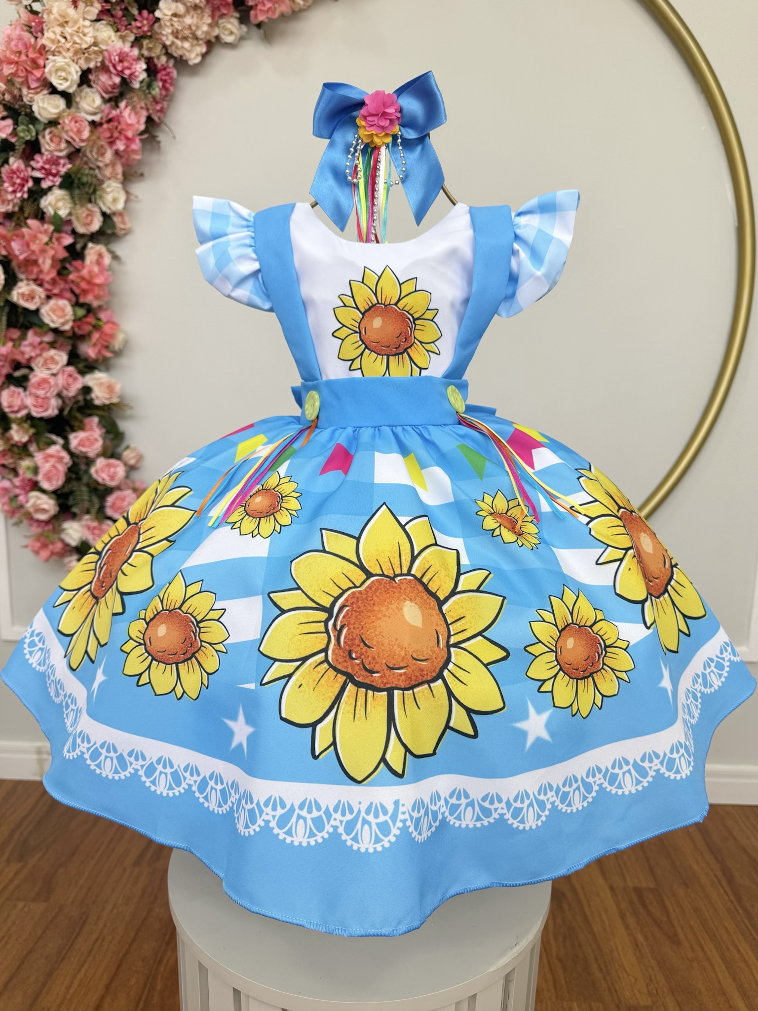 Vestido Infantil Junino Festas Azul Girassol Colorido