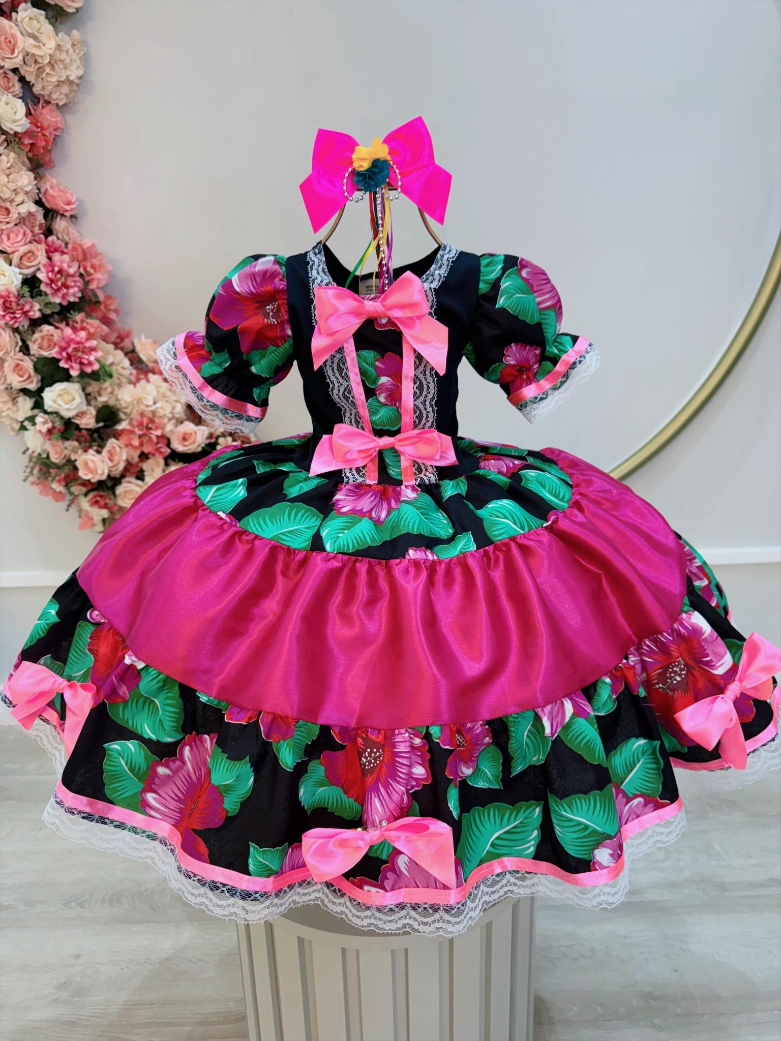 Vestido Infantil Junino Preto Colorido C/ Broches Luxo