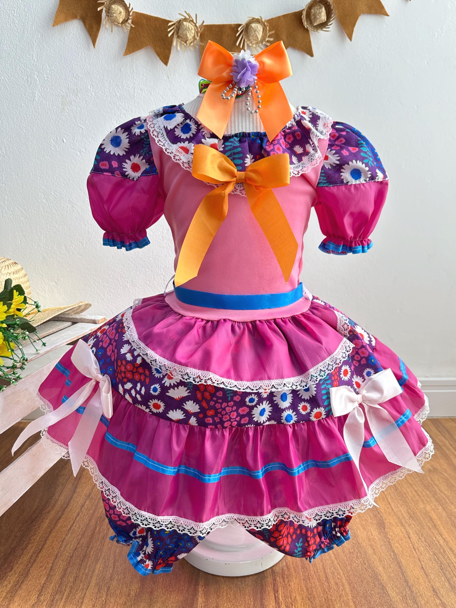 Vestido Infantil Junino Rosa e Roxo Colorido Florido