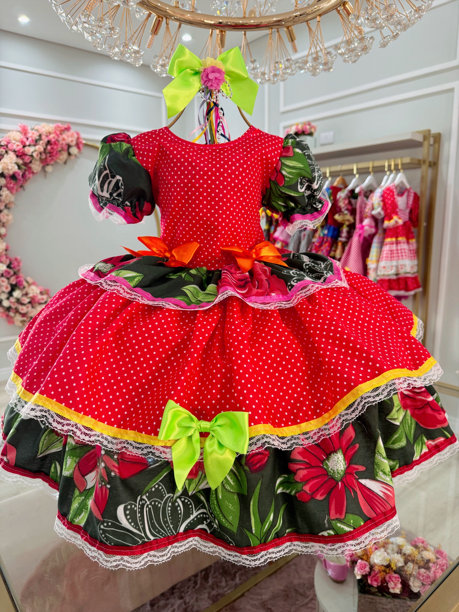 Vestido Infantil Junino Vermelho Arraiá Colorido Florido