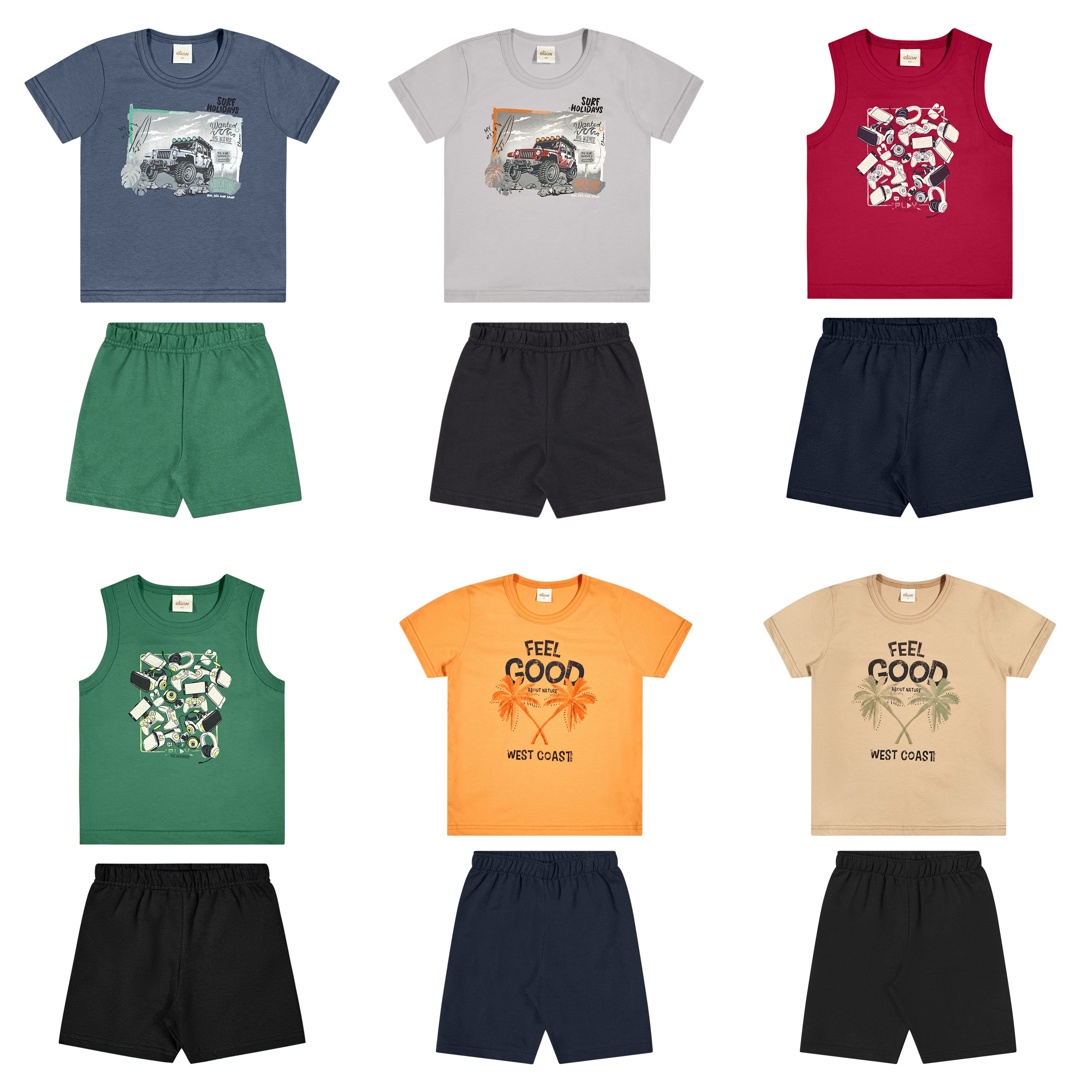 Kit Conjunto Elian Meninos Infantil 6 Peças estampas e cores variadas do 4 ao 8