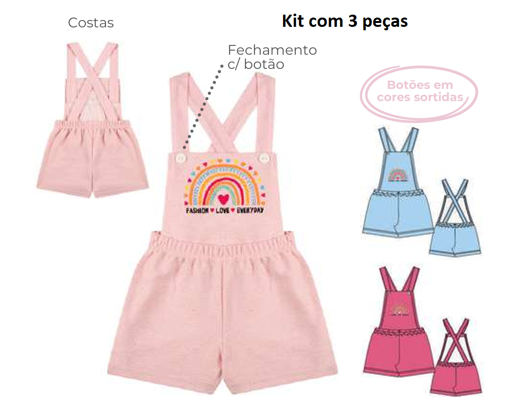 Kit Fantoni Meninas Jardineira Moletinho ecológico jeans do 4 ao 8