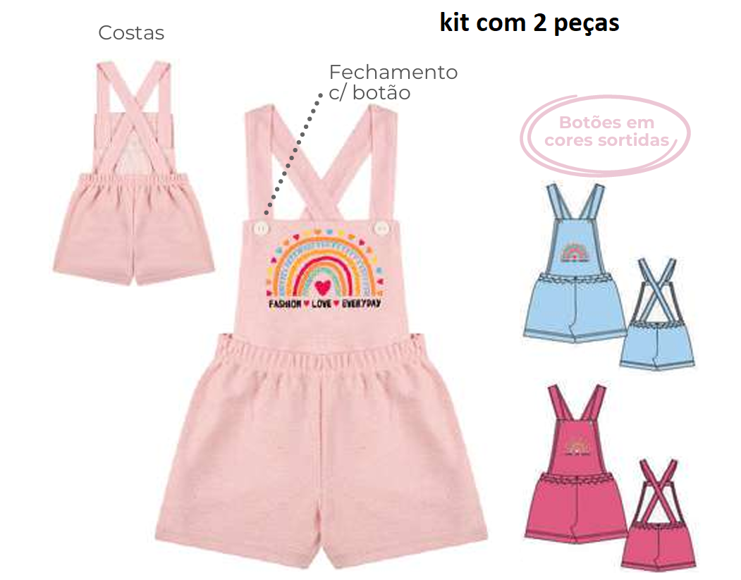 Kit Fantoni Meninas Jardineira Moletinho ecológico jeans do 4 ao 8