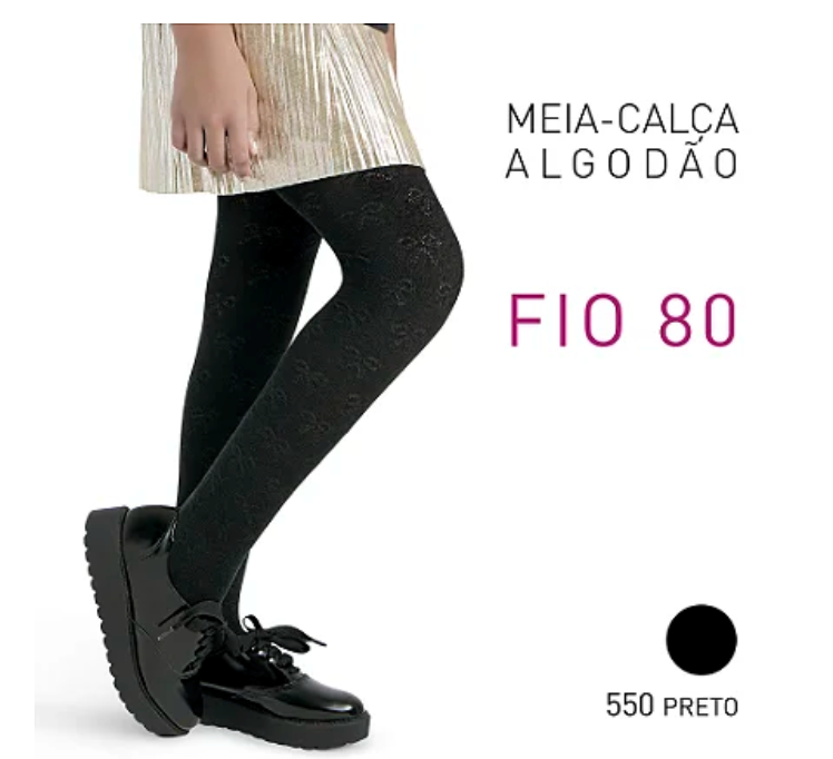 Meia Calça Infantil Algodão Preta Fio 80