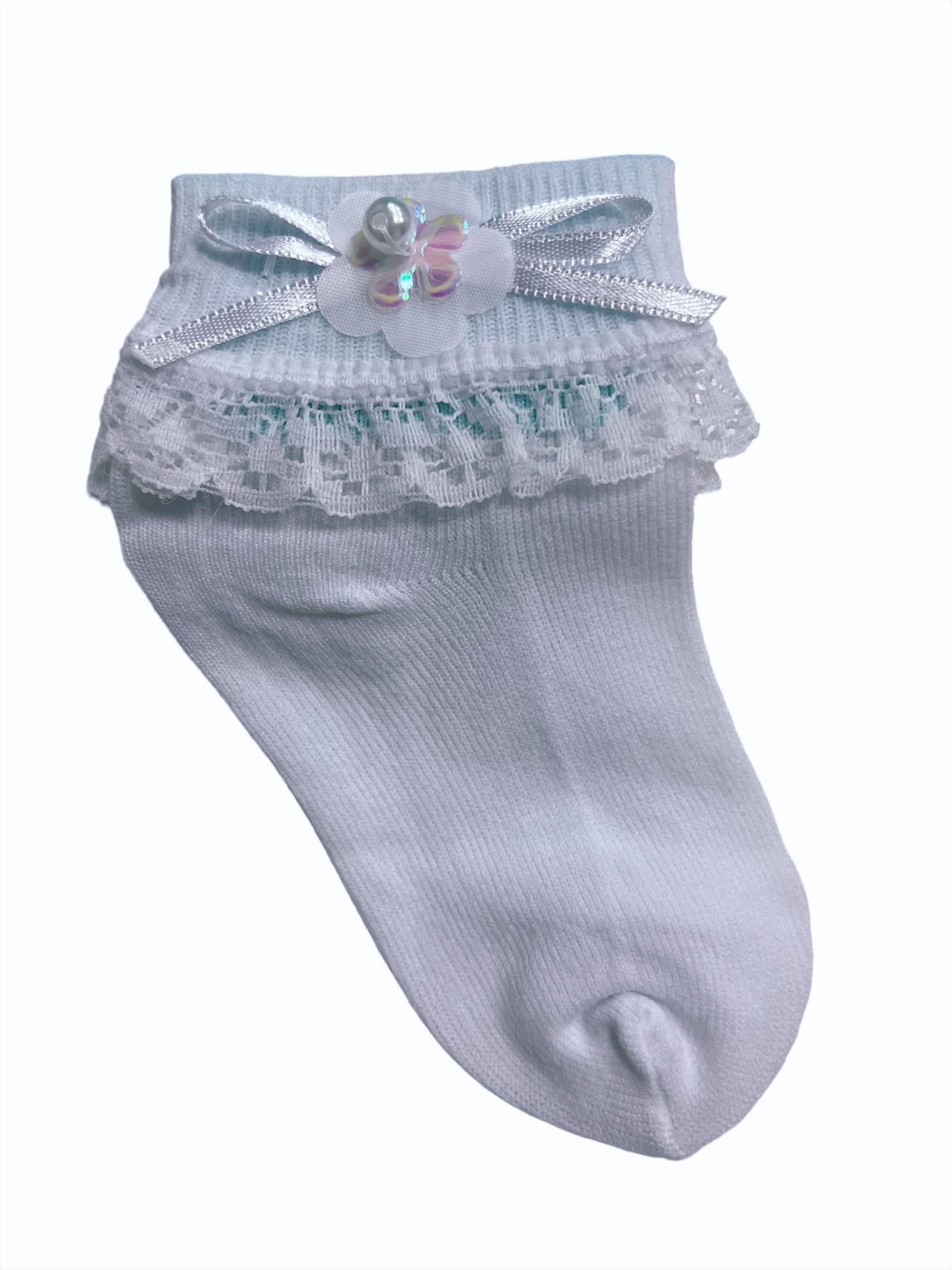 Meia Meninas Infantil Branca Aplique Flor Pérola Poliamida