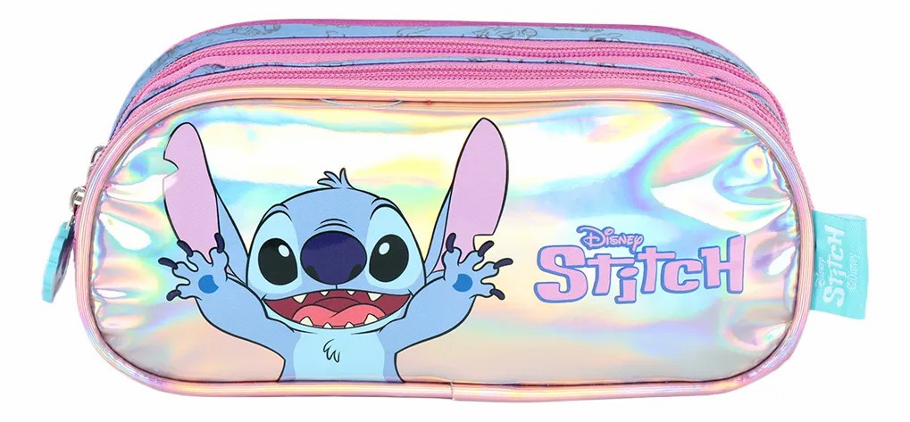 Estojo Triplo Juvenil Médio Holográfico da Lilo Stitch e Angel