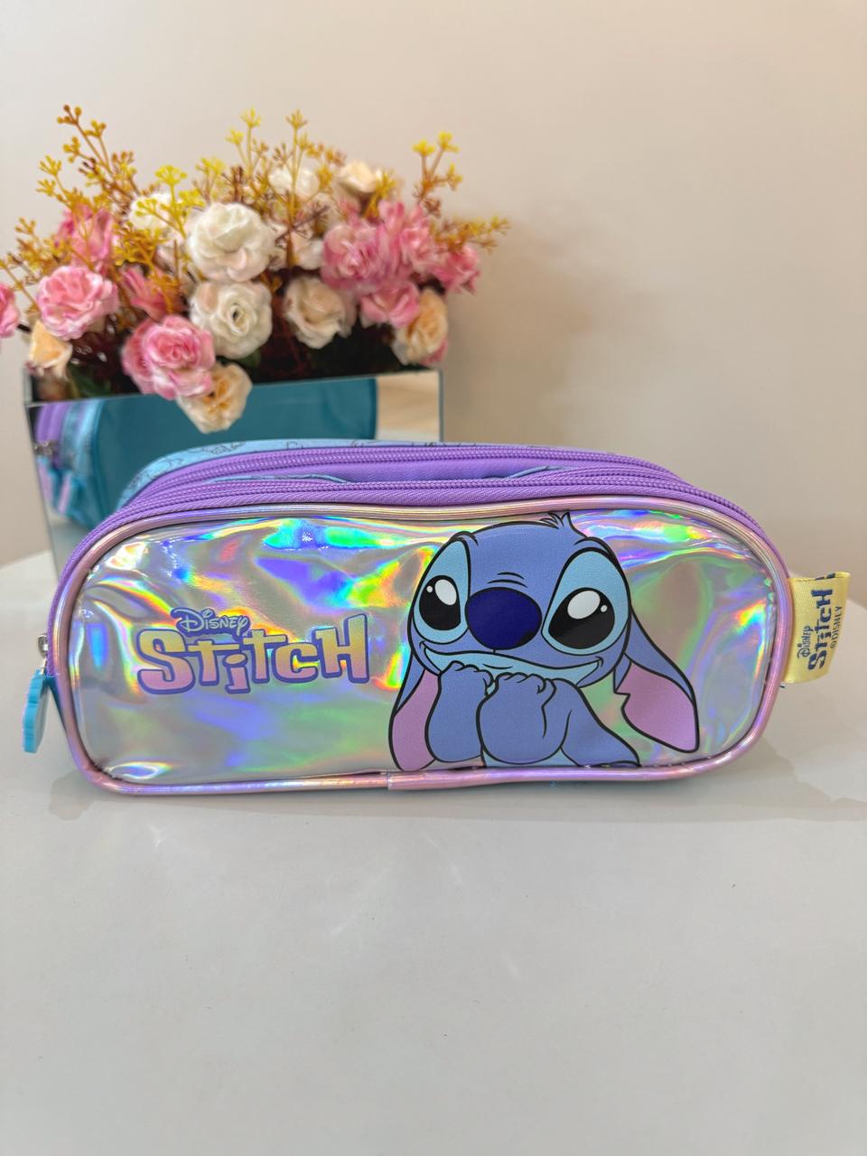 Estojo Triplo Juvenil Médio Holográfico da Lilo Stitch e Angel Azul