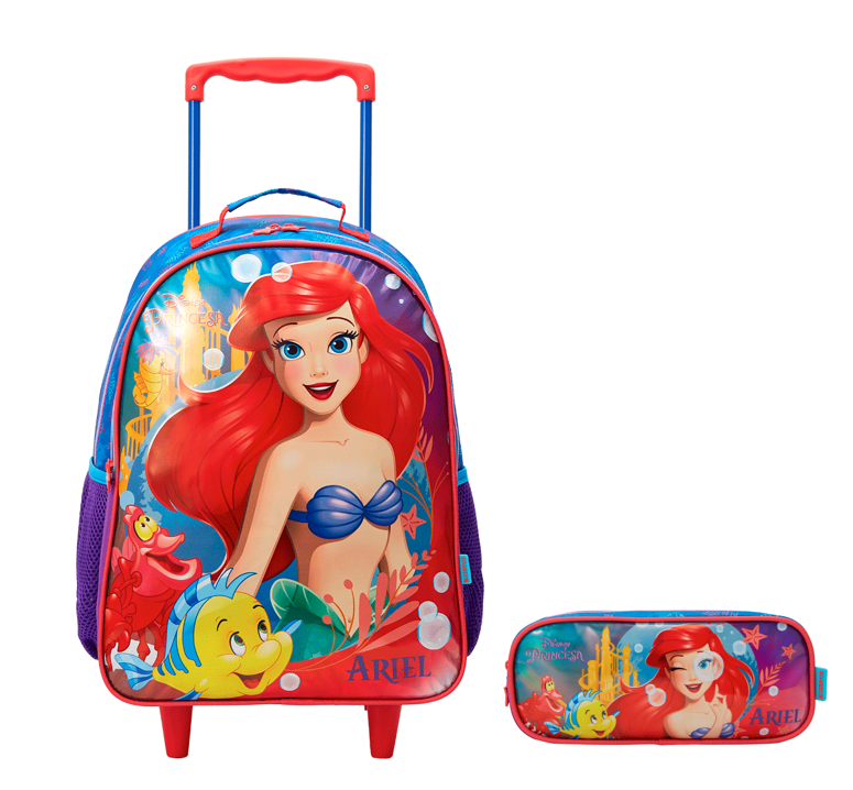 Kit Mochila de Rodinhas Escolar +Estojo duplo da Princesa Disney Ariel Metálica