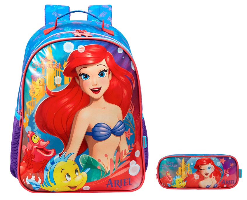 Mochila Escolar + Estojo duplo da Princesa Disney Ariel Metálica