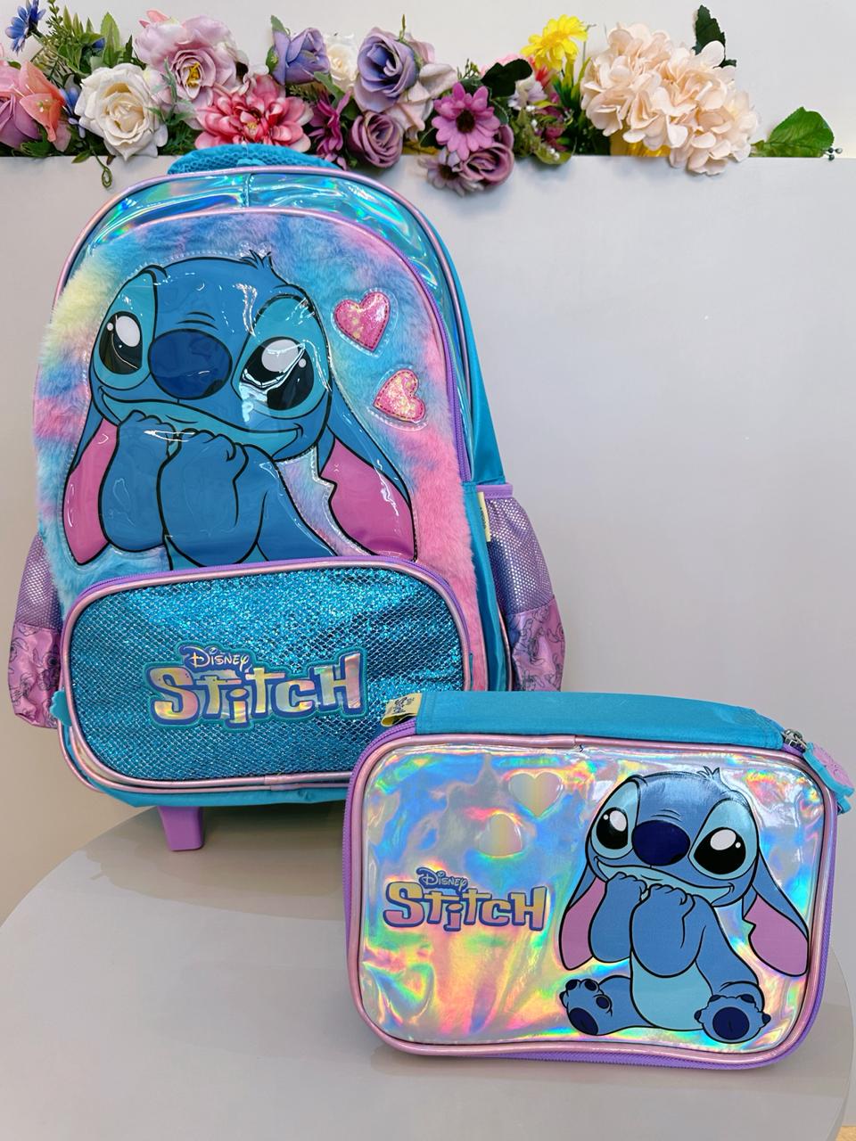 Kit Mochila C/ Rodinhas + Estojo Box Lilo Stitch e Angel Azul e Lilás