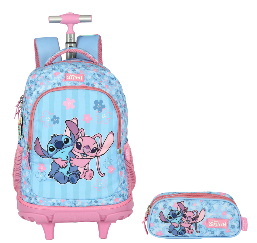 Kit Mochila C/ Rodinhas + Estojo da Lilo Stitch e Angel Rosa