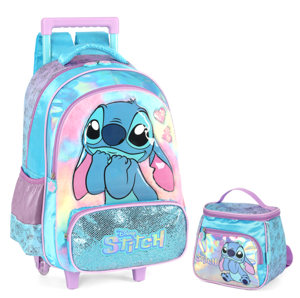 Kit Mochila C/ Rodinhas + Lancheira Lilo Stitch e Angel Azul e Lilás