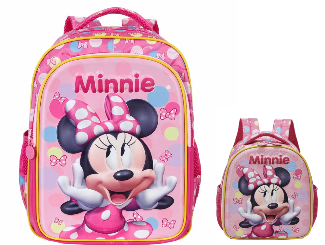 Kit Mochila Costas Tam.16 e Lancheira Térmica Infantil da Minnie Rosa Colorida