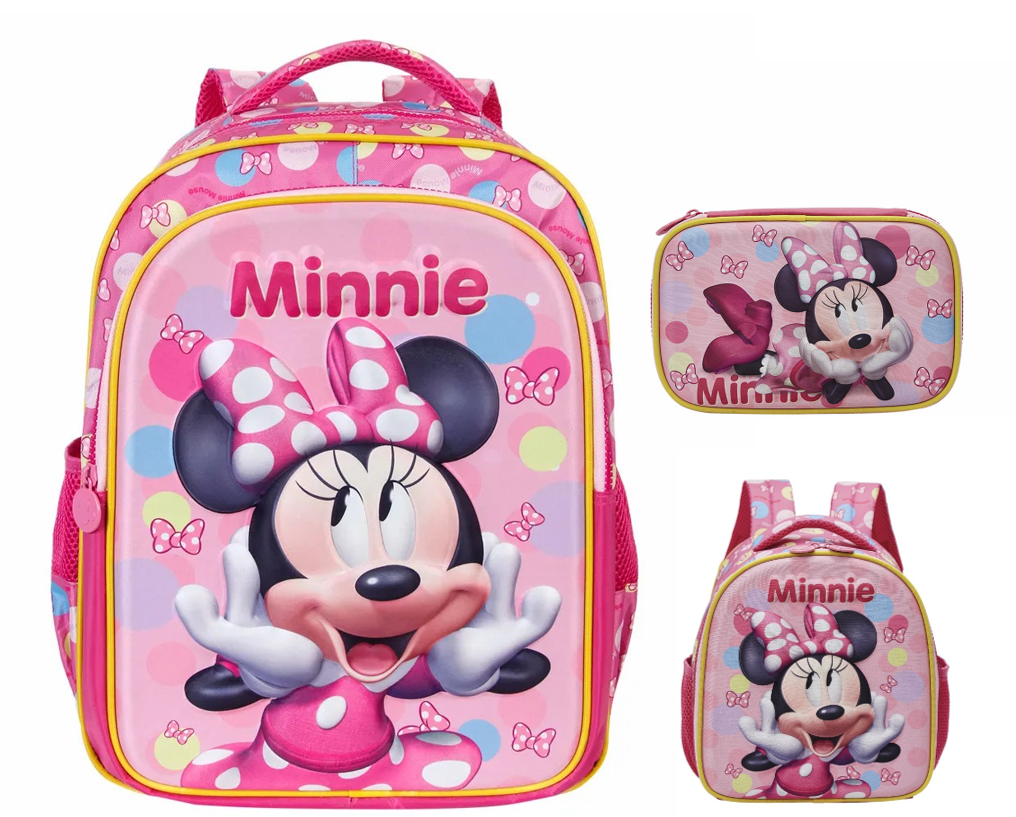 Kit Mochila Costas Tam.16 + Lancheira Térmica e Estojo box Infantil da Minnie Rosa Colorida