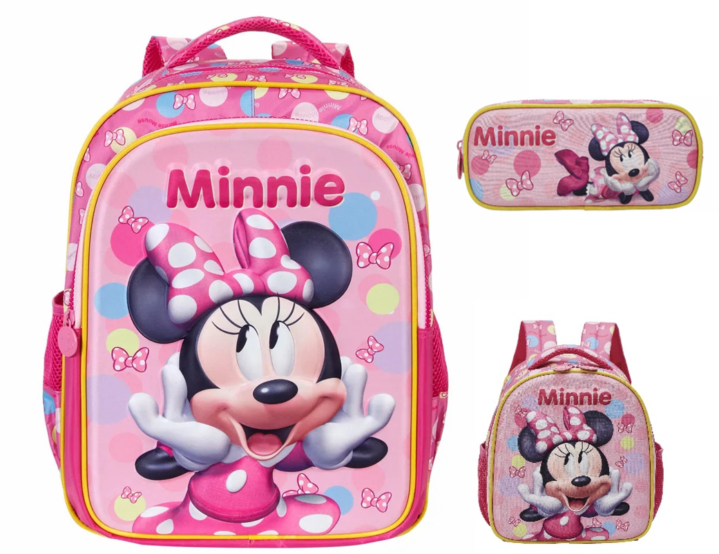 Kit Mochila Costas Tam.16 + Lancheira Térmica e Estojo Duplo Infantil da Minnie Rosa Colorida