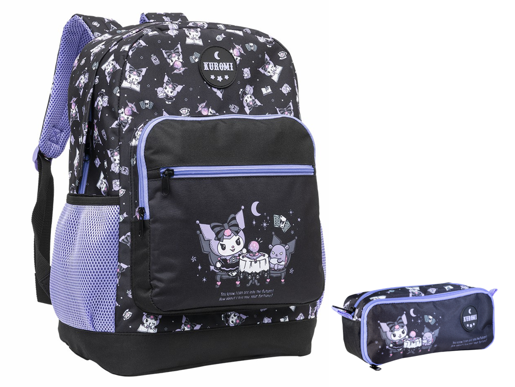 Kit Mochila de Costas Escolar 43cm e Estojo Duplo Juvenil Kuromi College