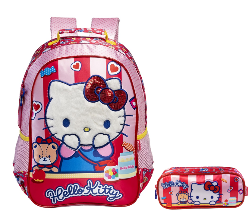 Kit Mochila de Costas Escolar + Estojo Duplo da Hello Kitty