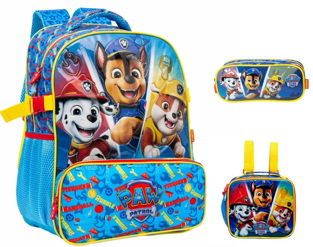 Kit Mochila de Costas Escolar Tam. 14  C/ Capuz + Lancheira Térmica e Estojo Duplo da Patrulha Canina S2