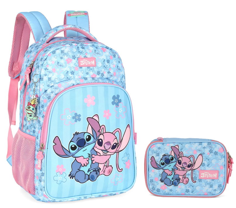 Kit Mochila De Costas + Estojo Box da Lilo Stitch e Angel Rosa