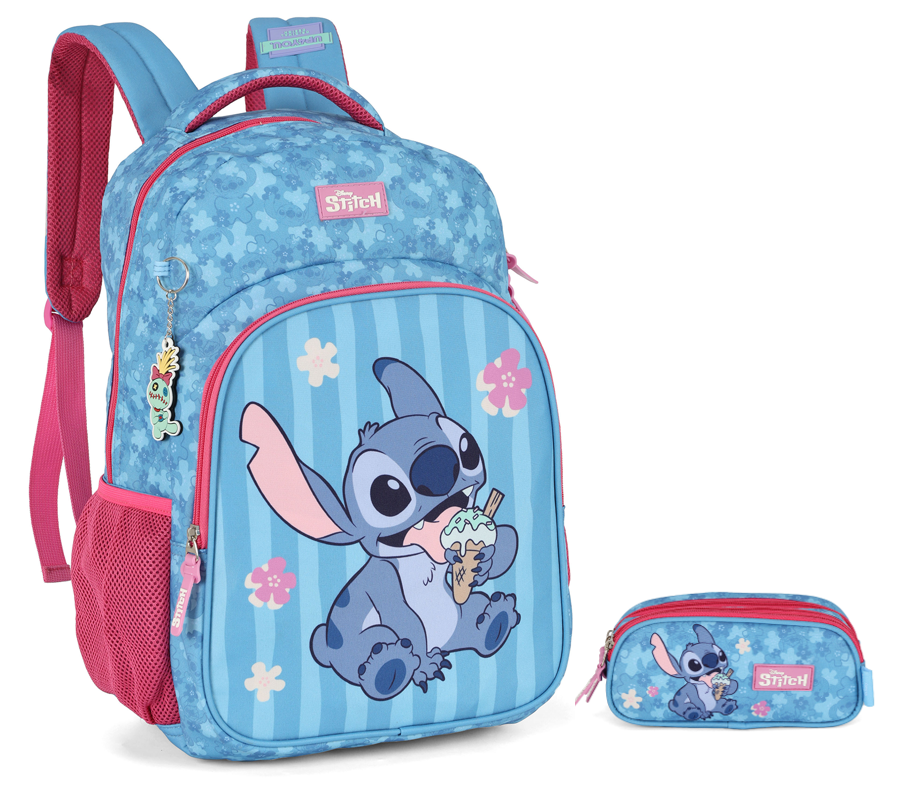 Kit Mochila De Costas + Estojo Triplo da Lilo Stitch e Angel Pink