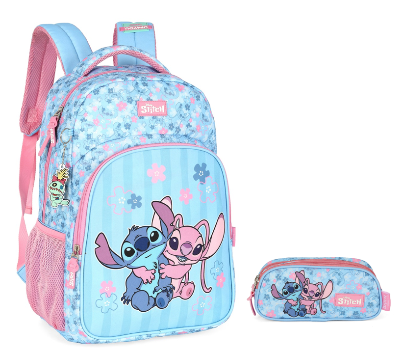 Kit Mochila De Costas + Estojo Triplo da Lilo Stitch e Angel Rosa