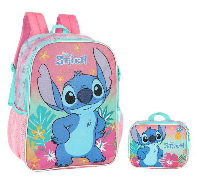 Kit Mochila De Costas Grande Reforçada + Lancheira da Lilo Stitch e Angel Rosa