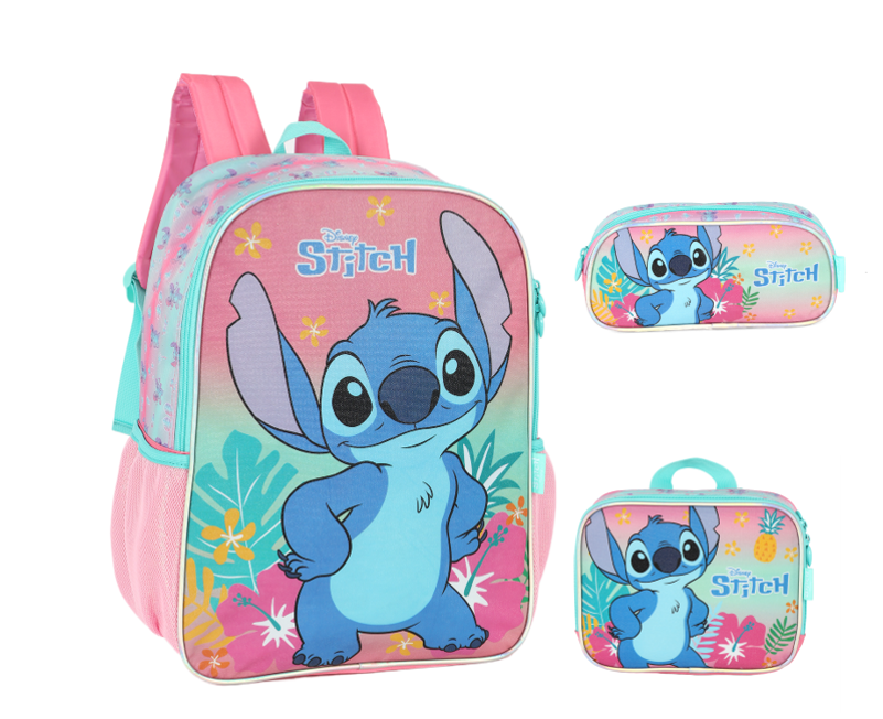 Kit Mochila De Costas Grande Reforçada + Lancheira Térmica + Estojo Simples da Lilo Stitch e Angel Rosa