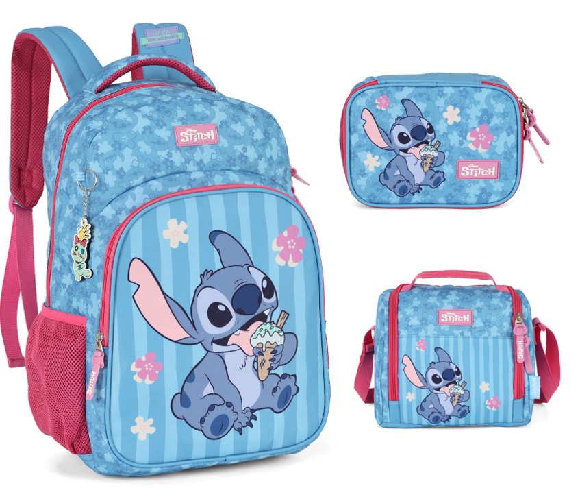 Kit Mochila De Costas + Lancheira Térmica + Estojo Box da Lilo Stitch e Angel Pink