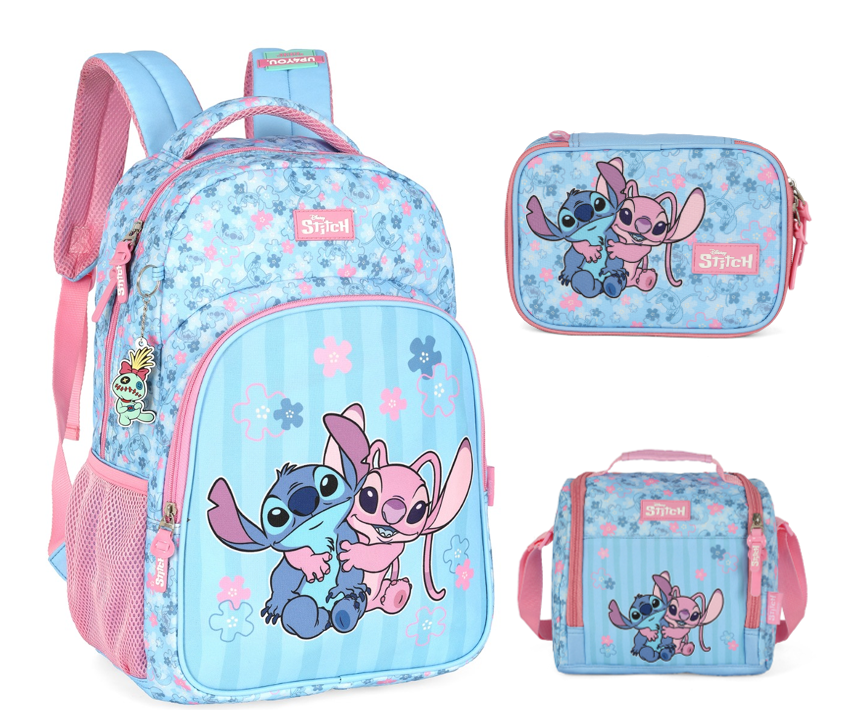 Kit Mochila De Costas +Lancheira Térmica + Estojo Box da Lilo Stitch e Angel Rosa