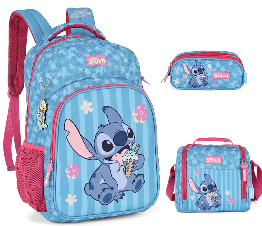 Kit Mochila De Costas + Lancheira Térmica + Estojo Triplo da Lilo Stitch e Angel Pink