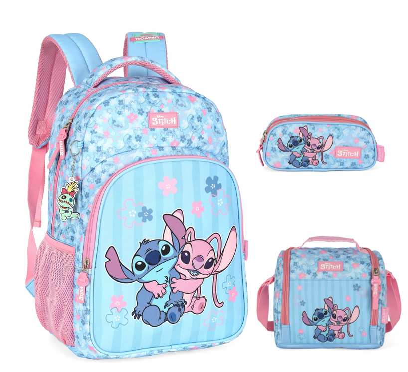 Kit Mochila De Costas + Lancheira Térmica + Estojo Triplo da Lilo Stitch e Angel Rosa
