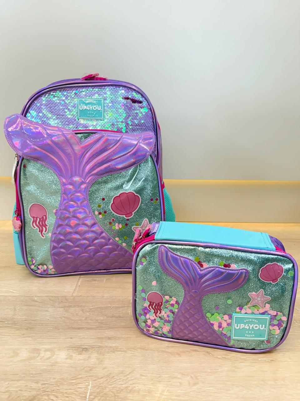 Kit Mochila de Costas Média + Estojo Box Holográfica da Sereia C/ Paetê