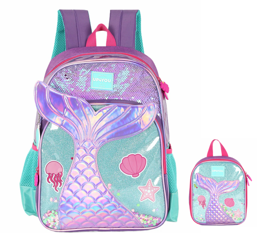 Kit Mochila de Costas Média + Lancheira Térmica Infantil Holográfica Sereia C/ Paetê