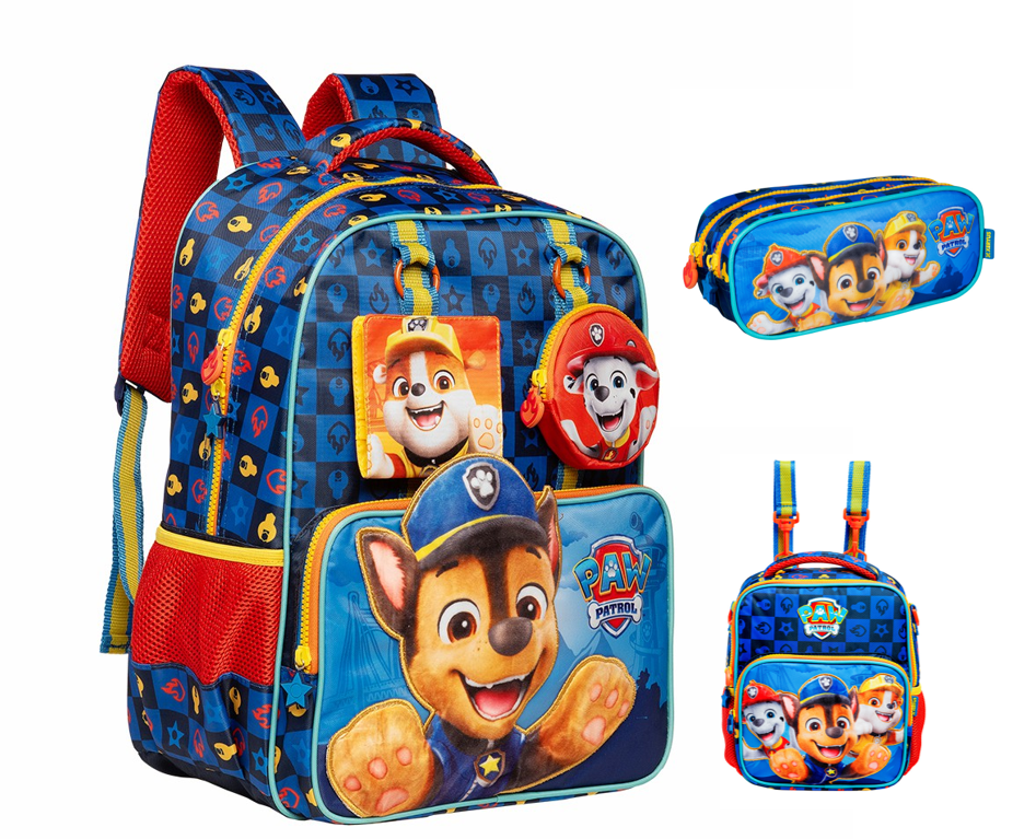 Kit Mochila de Costas Tam. 16 + Lancheira Térmica e Estojo Duplo Escolar da Patrulha Canina Y