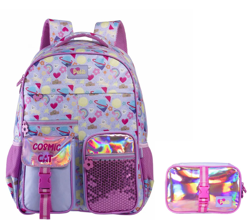 Kit Mochila de Costas Tam.17 e Estojo Box Tween Cosmic Cat On My Way!