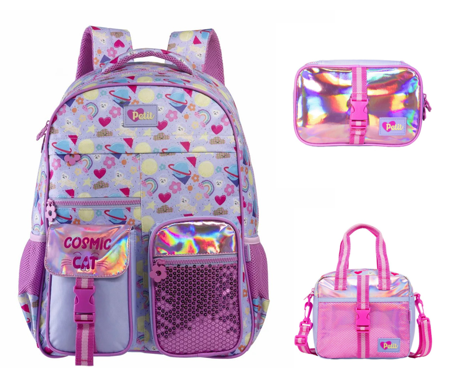 Kit Mochila de Costas Tam.17 + Lancheira Térmica e Estojo Box Tween Cosmic Cat On My Way!