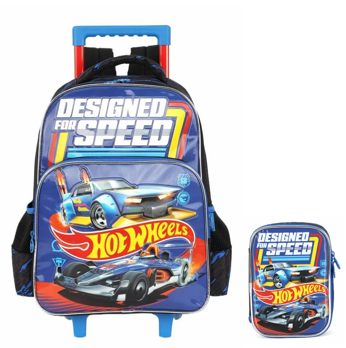 Kit Mochila De Rodinha E Costas + Estojo Box do Hot Wheels Designed For Speed Azul