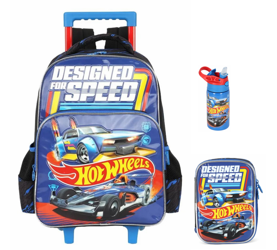 Kit Mochila De Rodinha E Costas + Estojo Box + Garrafinha Aço Inóx Hot Wheels Designed For Speed Azul