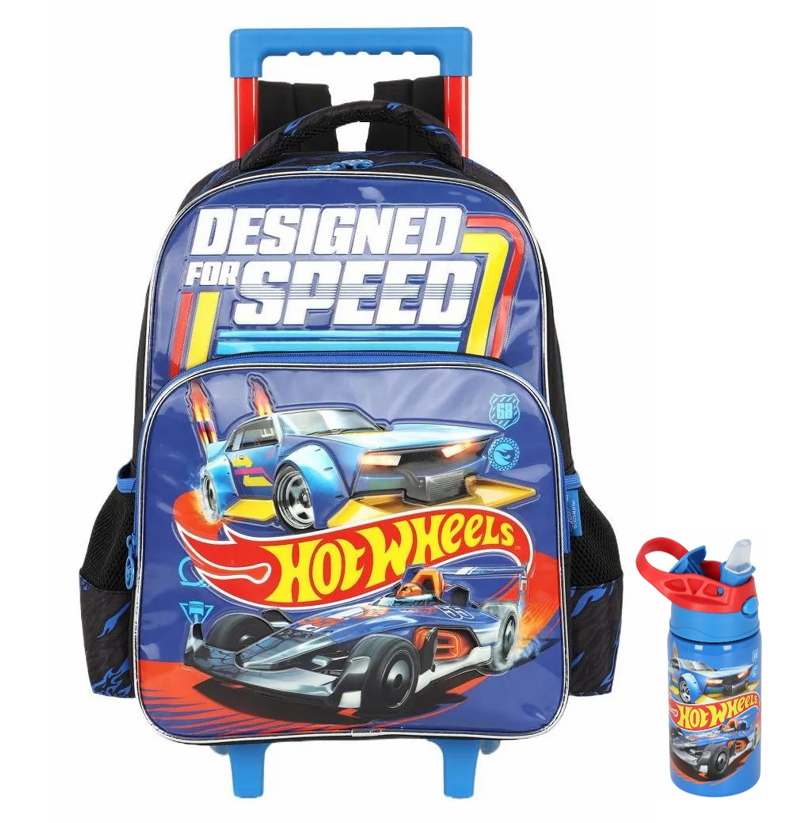 Kit Mochila De Rodinha E Costas + Garrafinha Em Aço Inóx Hot Wheels Designed For Speed Azul