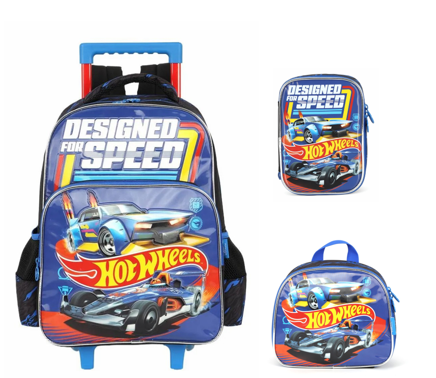 Kit Mochila De Rodinha E Costas + Lancheira Térmica + Estojo Box do Hot Wheels Designed For Speed Azul