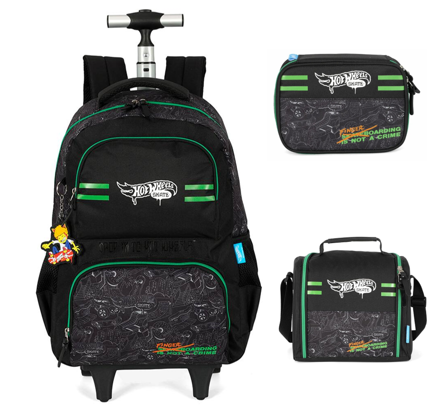 Kit Mochila De Rodinha E Costas + Lancheira Térmica + Estojo Box do Hot Wheels Skate