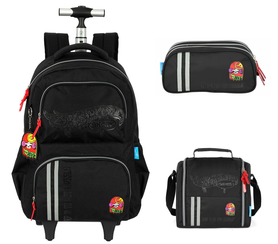 Kit Mochila De Rodinha E Costas + Lancheira Térmica + Estojo Triplo do Hot Wheels Skate Cinza