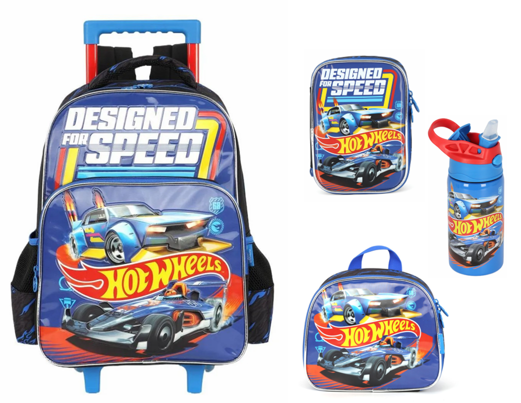Kit Mochila De Rodinha E Costas + Lancheira Térmica + Garrafa Inóx + Estojo Box do Hot Wheels Designed For Speed