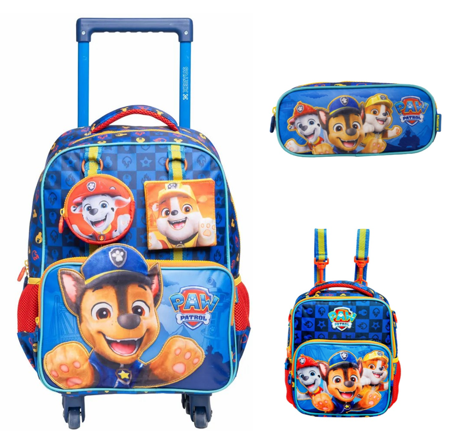 Kit Mochila de Rodinha Escolar  Tam.16 - 4 Rodinhas + Lancheira + Estojo Duploda Patrulha Canina