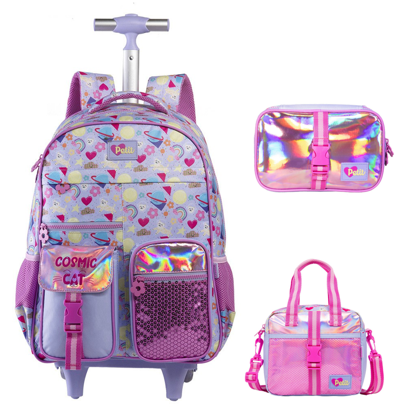 Kit Mochila de Rodinhas 17 Alças + Lancheira Térmica e Estojo Box Tween Cosmic Cat On My Way!