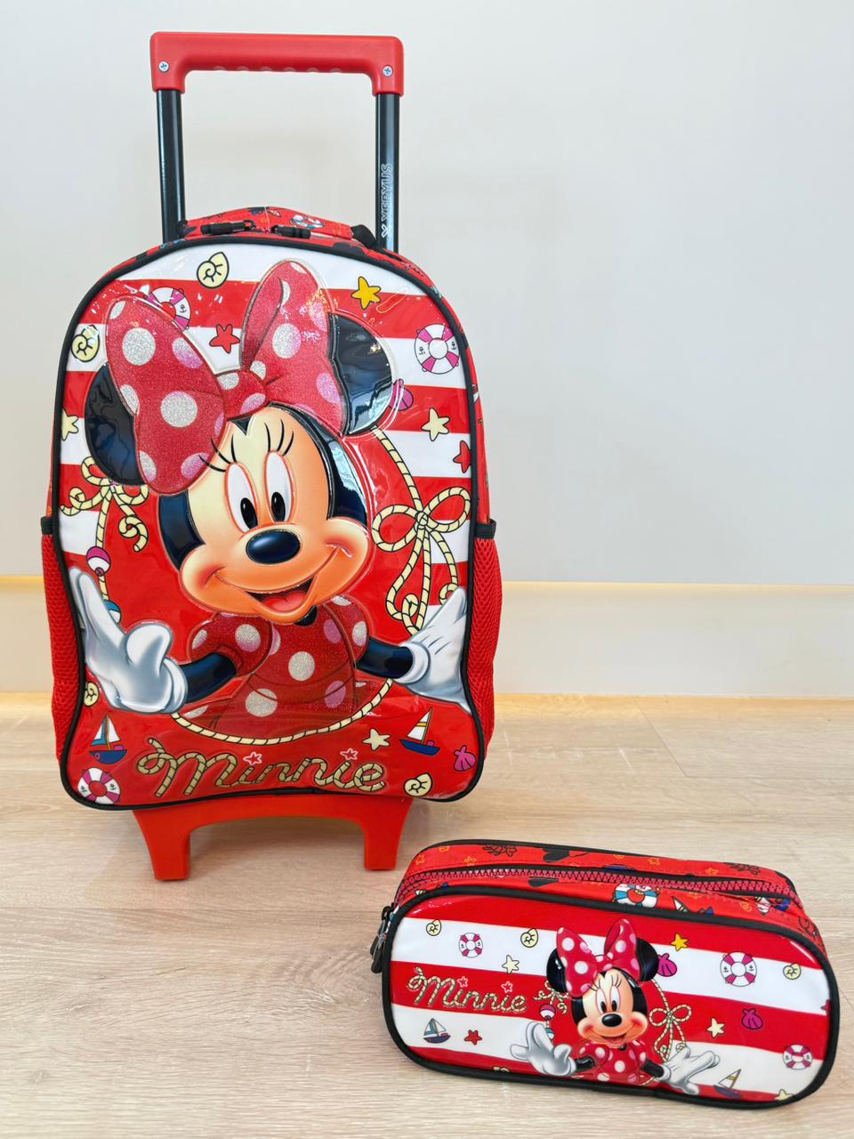 Kit Mochila de Rodinhas Escolar da Minnie X Tam.16 + Estojo Duplo