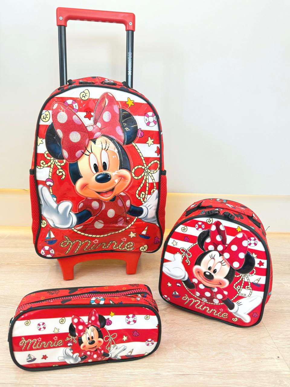 Kit Mochila de Rodinhas Escolar da Minnie X Tam.16 + Lancheira + Estojo Duplo